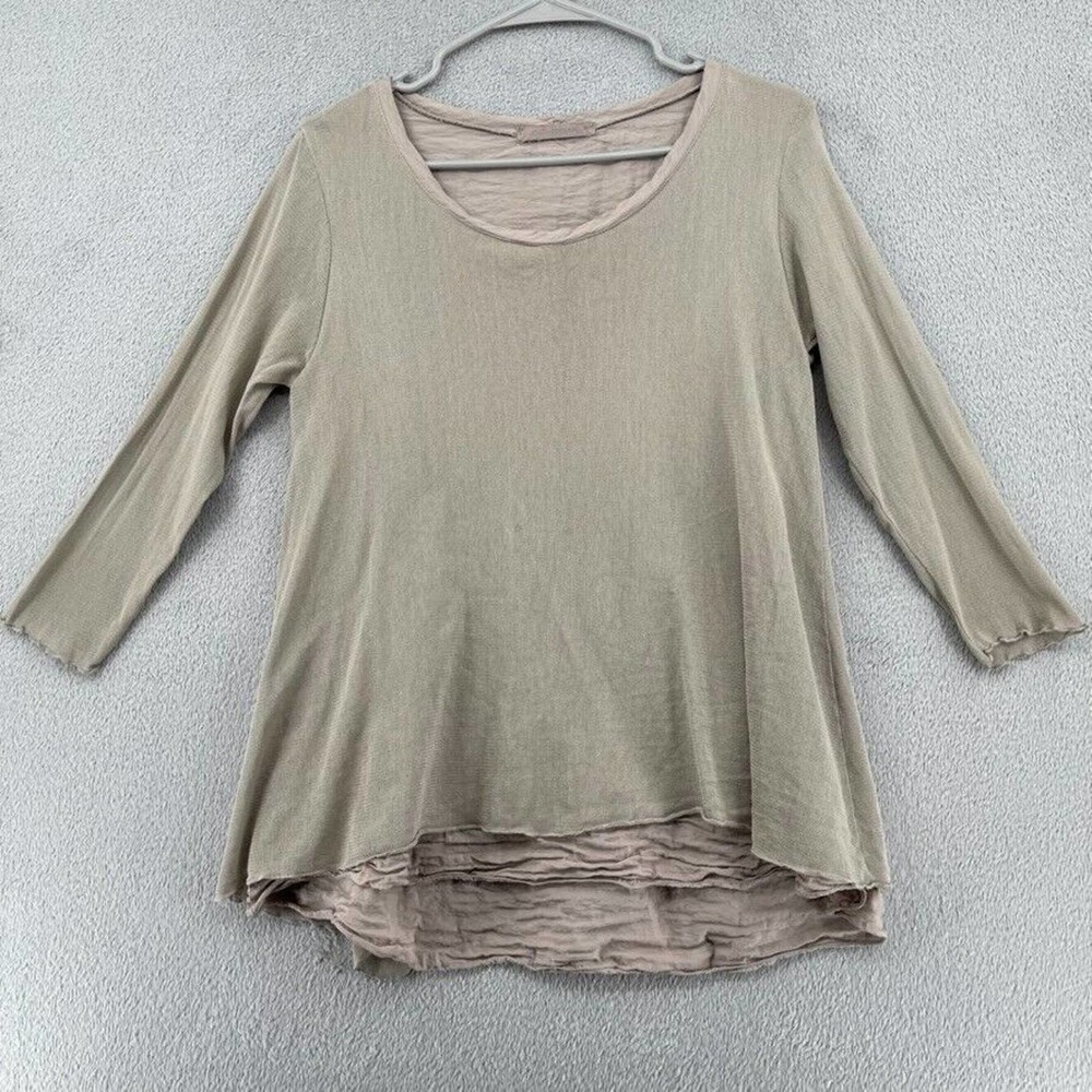 Cut Loose Top Womens S Beige Layered Mesh 3/4 Sleeve Lettuce Hem Sheer Lagenlook